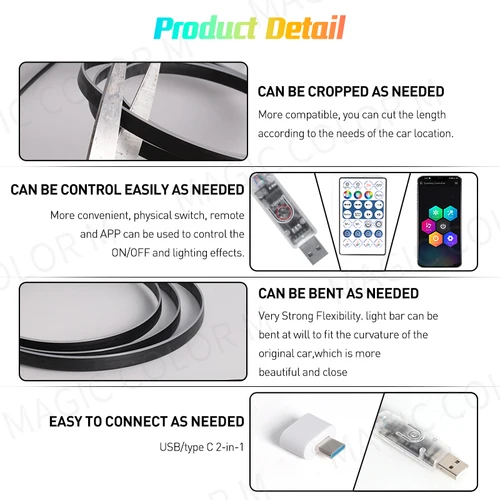 Imagen 2 del producto Vegetting-luces LED de ambiente para coche, lámpara de ambiente sinfónico RGB Interior de 140cm, Control remoto por aplicación USB para Tesla Model 3 Y S X