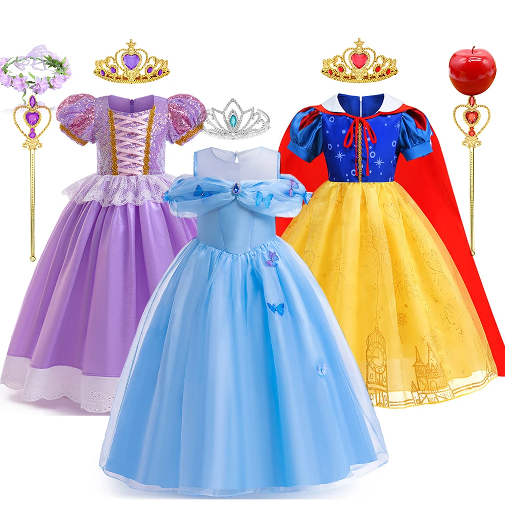 Vestido de princesa con tema de Disney para niñas, disfraz de Cenicienta Rapunzel, fiesta de cumpleaños y Carnaval elegante, Vestidos Blancanieves de lujo para niños