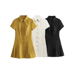 Tangada 2024 Women Solid Shirt Dress Short Sleeve Ladies Mini Dress PH020