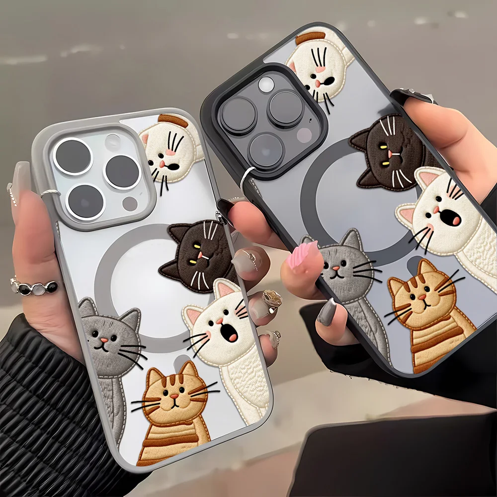 Cute Faux Embroidery Cat Phone Case For iPhone 15 16 12 14 11 17 13 Pro Max Air With Lanyard Wireless Charging Protective Cover view 2