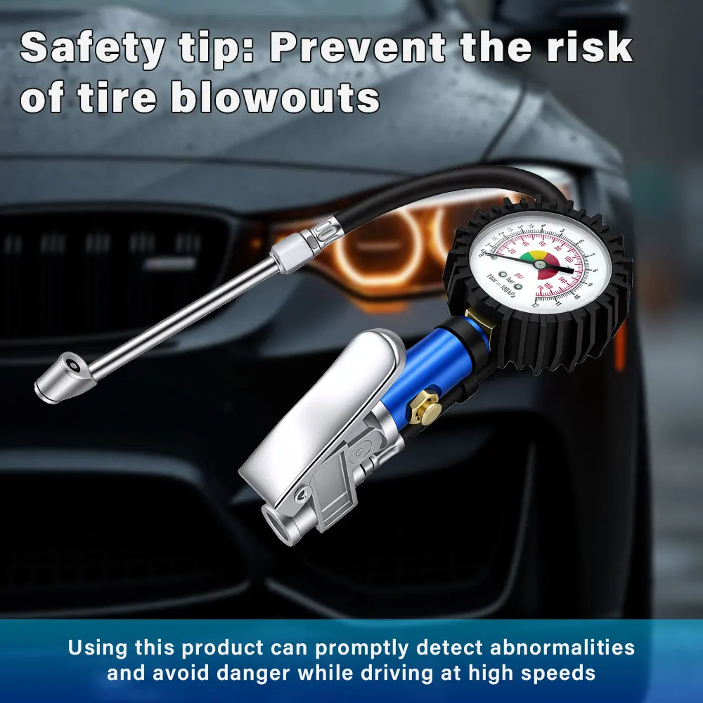 

12 Bar Self Clamping Inflator Gun Tire Pressure Gauge High Precision 170Psi With Quick Air Connector For Air Compressor SUV
