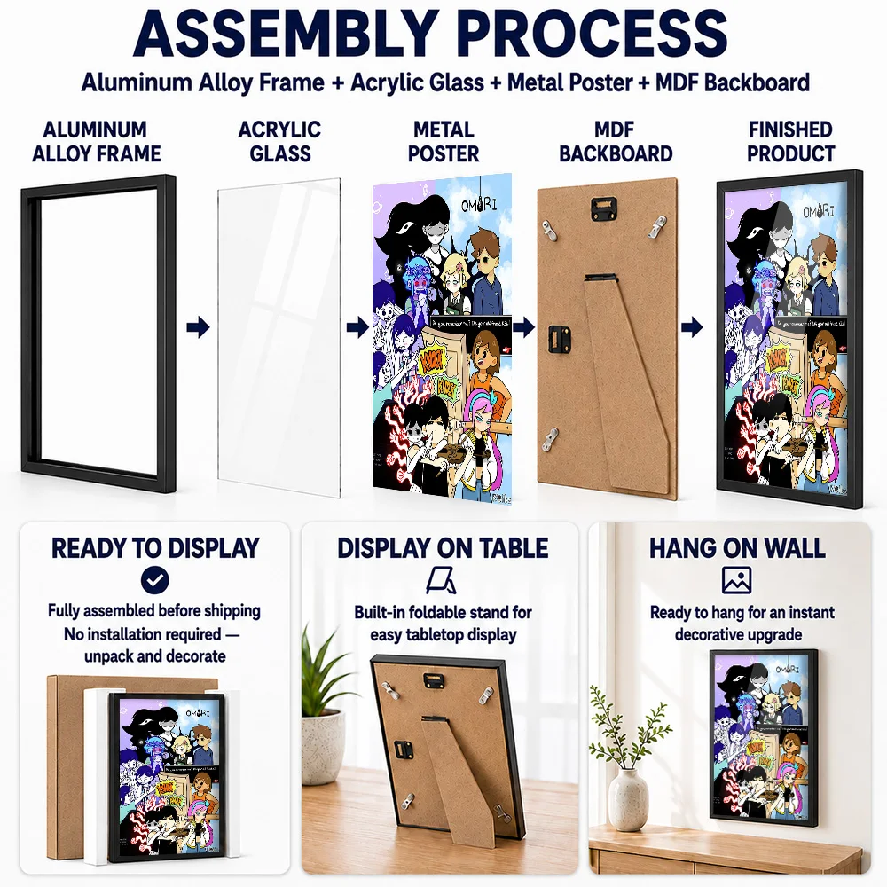 Omori Characters Framed Aluminum Metal Poster Personalized Comic Style Wall Art For Entertainment Room, Gaming Enthusiast Gift