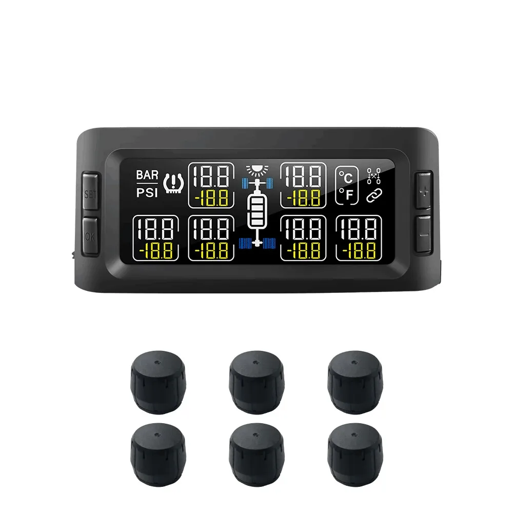 Solar Car Wireless Tire Pressure Monitoring System TPMS With 6 External Sensors LCD Display Accurate Measurement Data