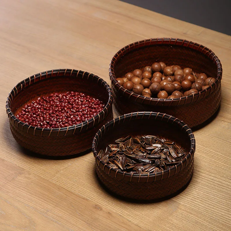 

Handmade Bamboo Woven Dry Fruit Tray Dessert Creative Desktop Home Circular Snack Storage Retro Bamboo Basket