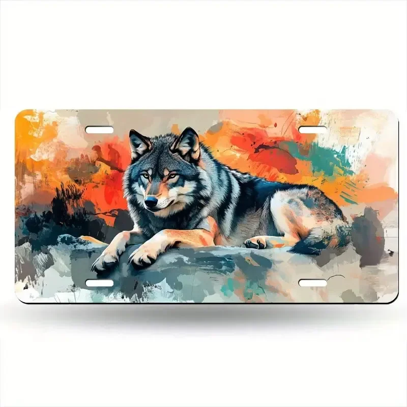 2D flat,Wolf License Plate - Metal Car Hanging Ornament with Realistic Wolf Head Design,Suitable for US/International License