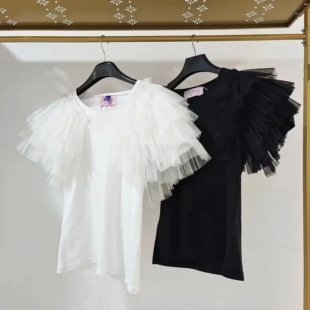 White T Shirts Women's Clothing Patchwork Gauze Tees O-neck Short Sleeve Summer Camisetas 2026 Ropa Mujer Casual Chic Tshirt