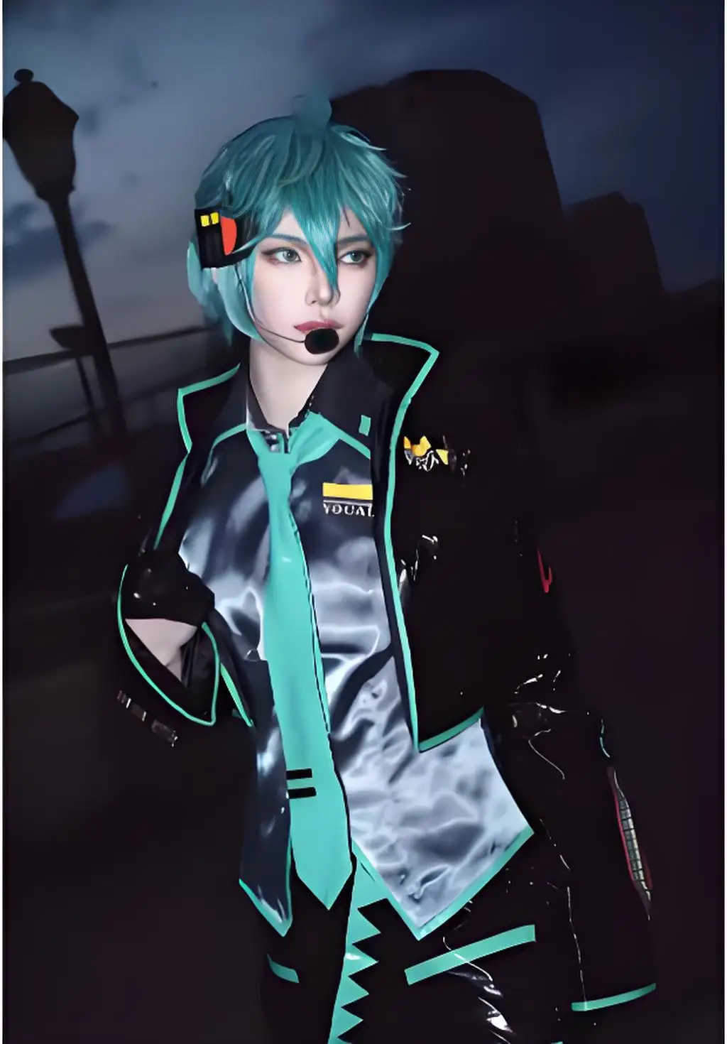 Green Themed Anime Male Cosplay Costume Complete Set with Black Jacket and Green Wig, Customizable Sizes