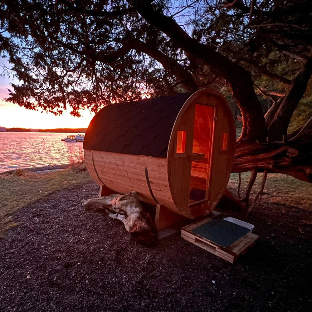 Outdoor Barrel Sauna with Wood Burning Stove Solid Wood Cedar Panoramic View for 2-3 Person Home Garden Steam Sauna Room