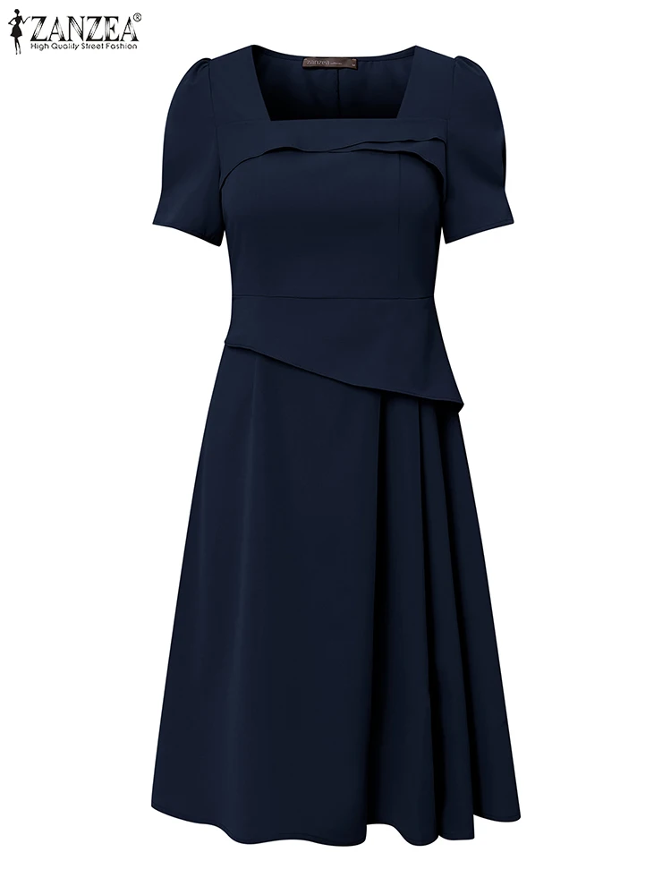 ZANZEA Women Elegant A-Line Dresses Summer Square Neck Short Puff Sleeve Knee-Length Robes Femme Office Layered Trim Vestidos