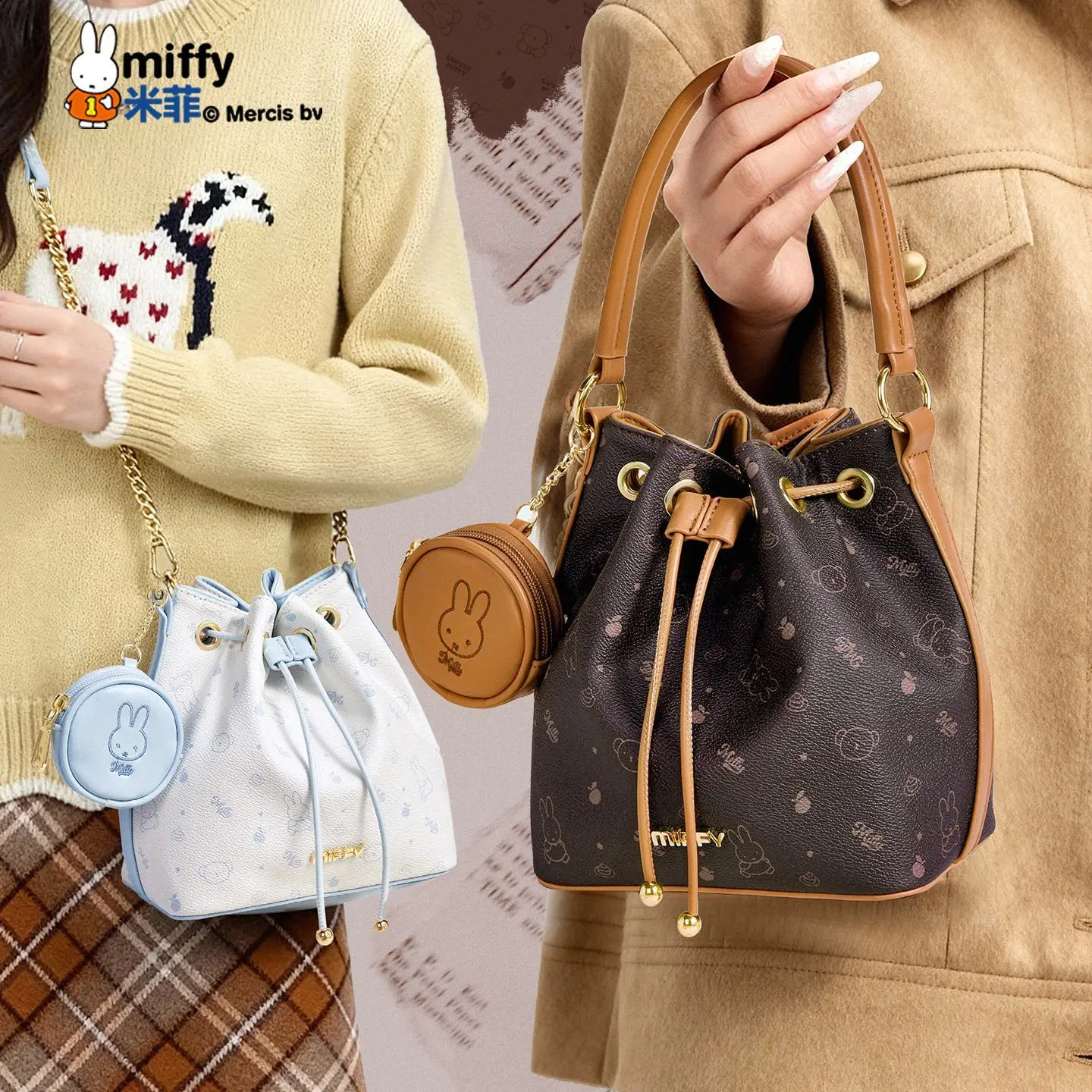 

Сумка-ведро Miffy из искусственной кожи, кавайная универсальная модная ретро-сумка через плечо для девочек, сумка с героями мультфильмов, большая вместительная сумка для путешествий, сумка для наушников