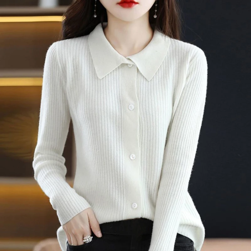 Autumn Winter 2022 New Polo Collar Slim Ladies Tops Fashion Casual Long Sleeve Chic Sweet Buttons Knitted Cardigan Sweater Women