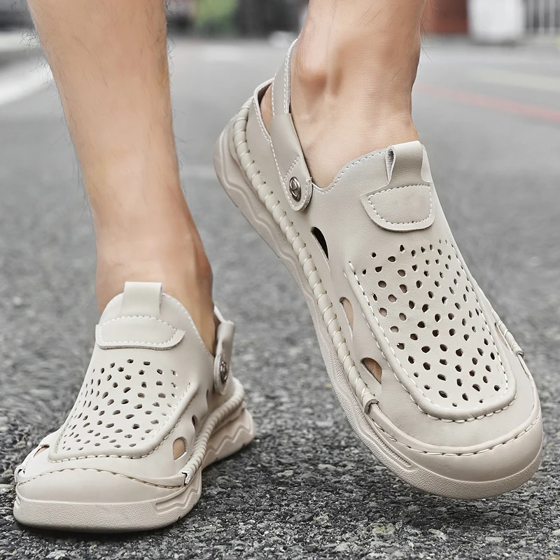 

Men Summer Perforated Sandals Non Slip Wear-resistant Hand Sewn Paired with Soft Elastic Outdoor Casual Shoes