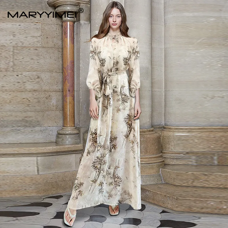 

MARYYIMEI Fashion Designer spring Summer Women's Stand Collar Lantern Sleeved Lace-UP Ink Wash Printed Big Swing Dresses