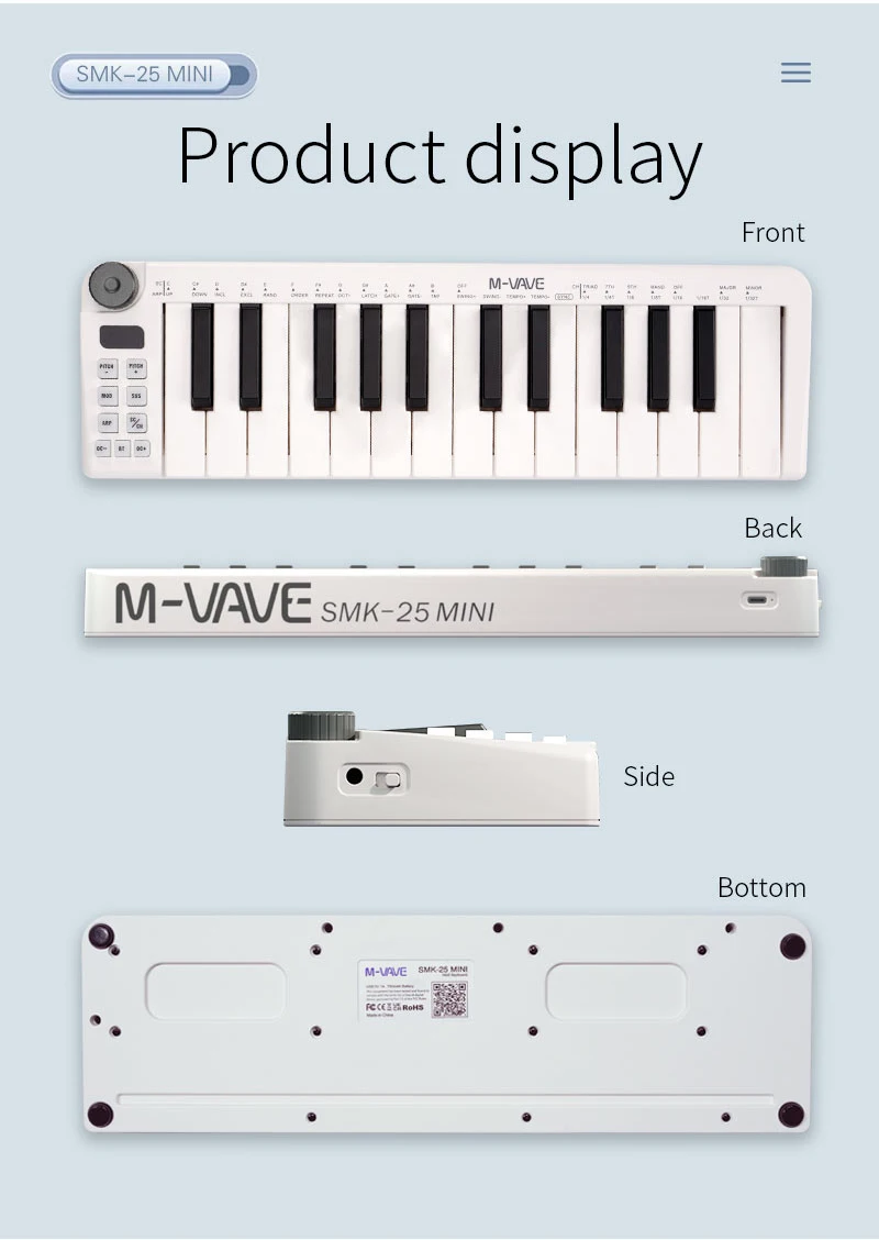 M-VAVE SMK-25mini pro teclado midi recarregável 25 teclas sensíveis à velocidade + usb-compatível com ios/android/pc porta tripla