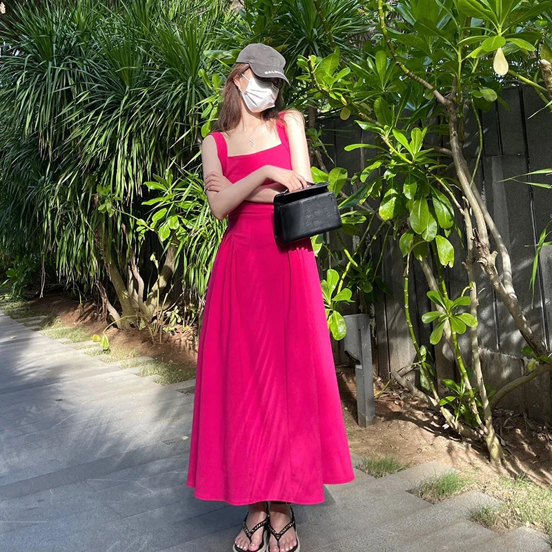 

Summer Women's Rose Red Dress Spaghetti Strap Slim A-Line Beach Vestidos Elegant Ankle Length Female Casual Outfit Frocks 2023