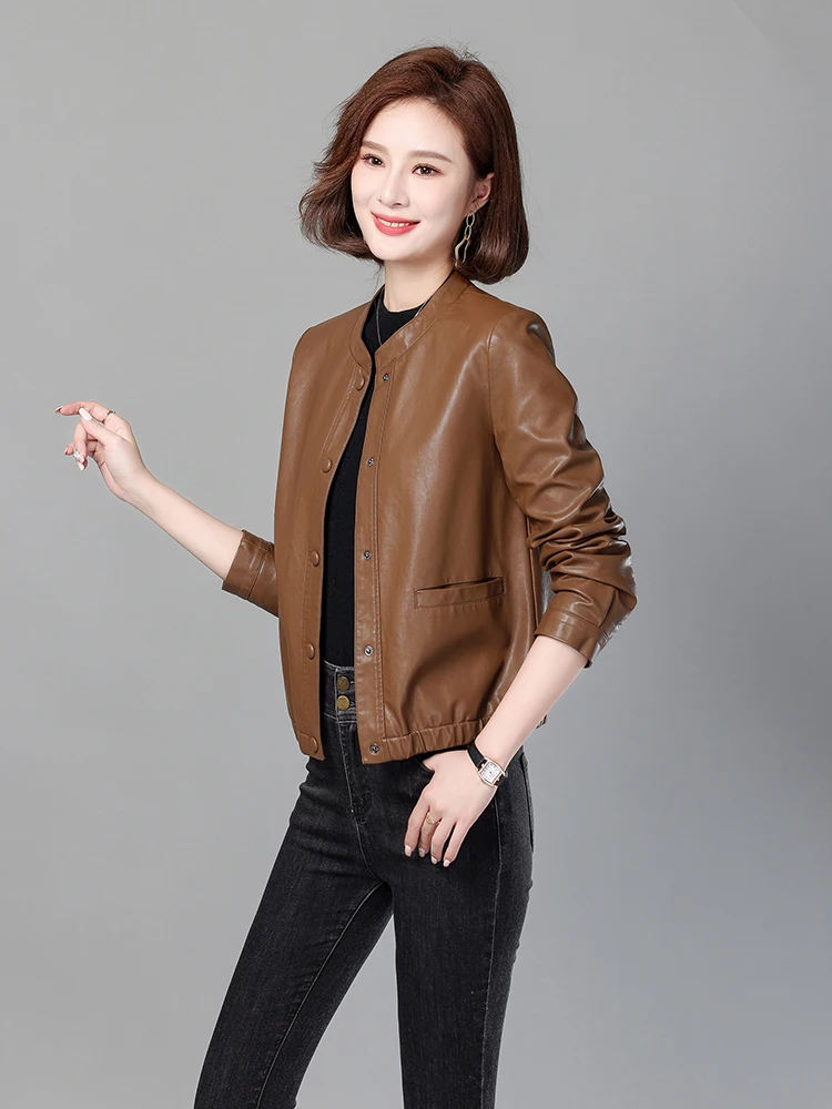 

Slim Fit ort eepskin Jaet Women's Faionable Stand Collar Genuine Leather Coat Spring Autumn New Arrival Cardigan