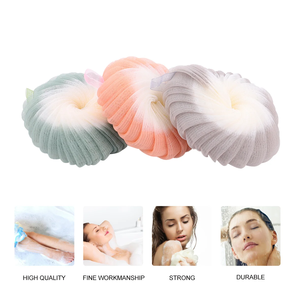 

3Pcs Bath Shower Loofah Sponge Pouf Soft Texture Strong Mesh Body Scrubber Shower Ball for Smooth Skin Bathroom Accessory