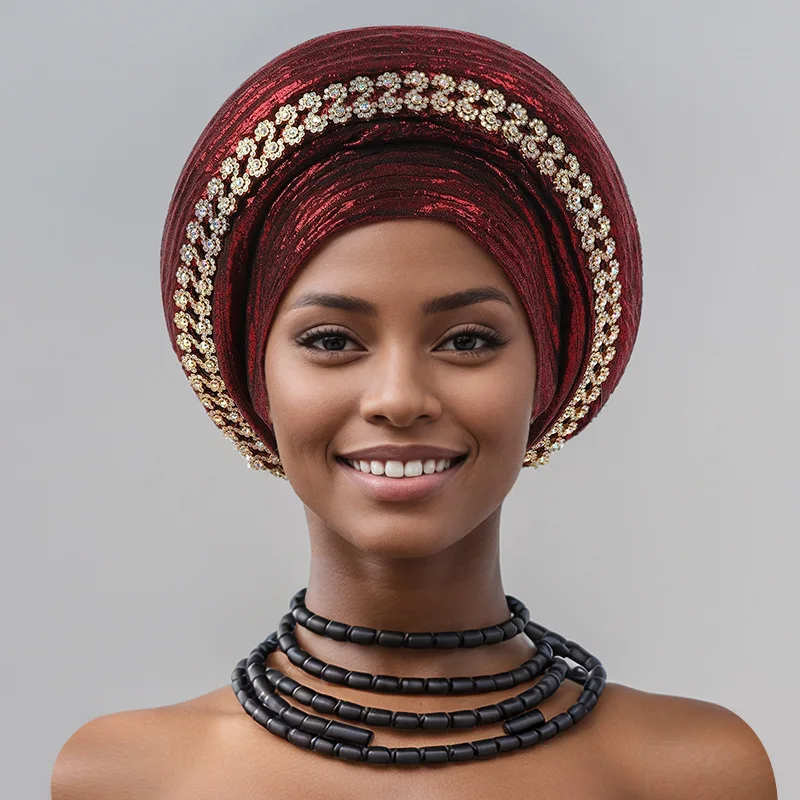 Nigerian Wedding Geles African Headtie Auto Gele Turbans for Women Aso Oke Fabric Muslim Headwear Headpiece Female Head Wraps