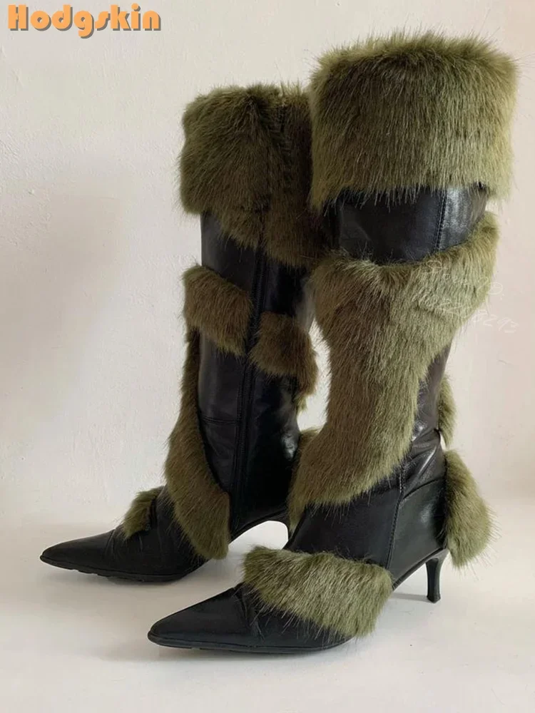 Faux Fur Patchwork Boots Retro Sewing PU Knee-high Boots 2025 Autumn New Women Fashion Shoes Pointed Toe Side Zipper Stiletto