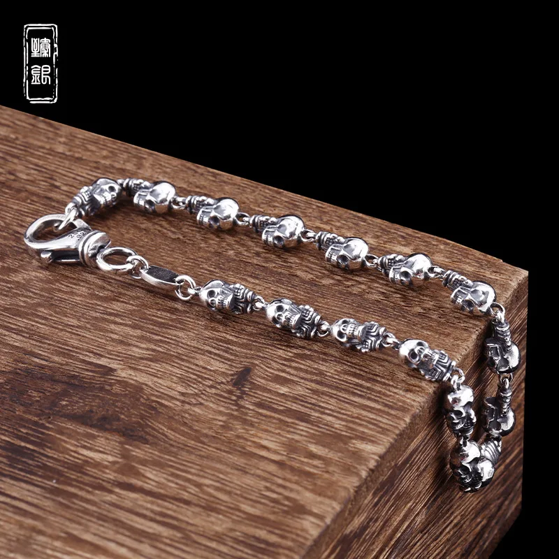 

S925 Sterling Silver Retro Old Hand Jewelry European Punk Skull Head Bracelet Men's Personality New Fashion Couple Silver Jewelr