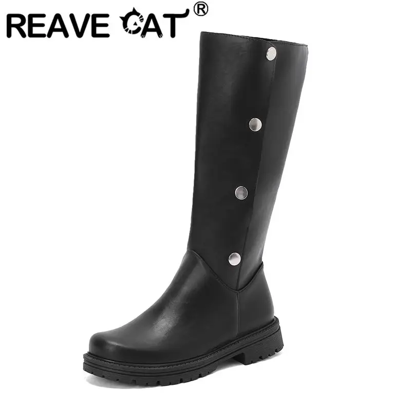 

REAVE CAT Женские сапоги до колена с круглым носком на низком каблуке и пуговицах, двойная одежда, большой размер 47 48 49 50 Vintage Leisure Daily Knight Bota