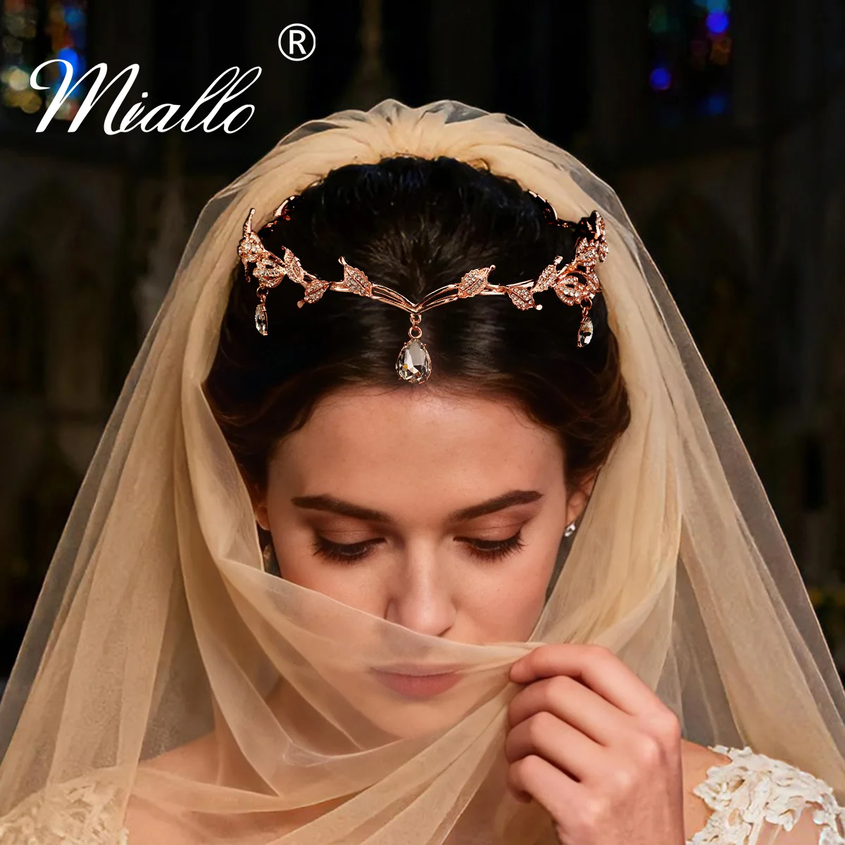 

Miallo Rose Golden Mori Корона для волос принцессы Сверкающие кристаллы Свадебные аксессуары для волос Модная повязка для волос в форме листа Вечерние головной убор