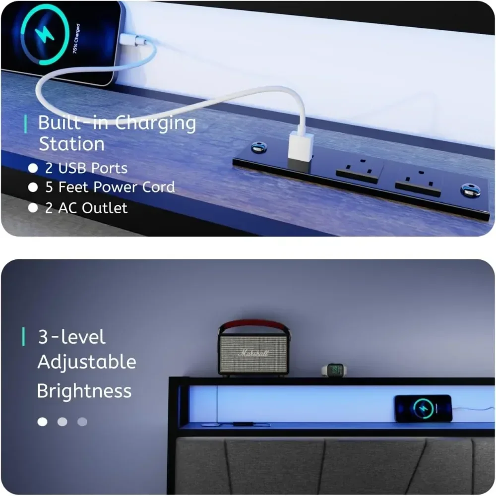 King Bed Frame with LED Lights & USB Ports， 2 Drawers Platform Bed with Headboard, No Box Spring Needed，Bed Frame