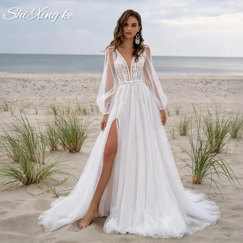 Elegant Boho Beach Bridal Gown Lace A Line Deep V Backless Long Puff Sleeve Dot Tulle Wedding Dress Vestidos De Novia Customized