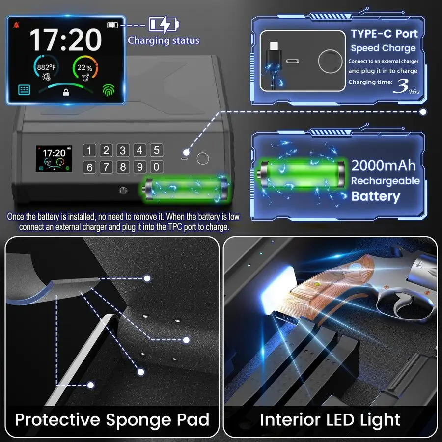 Cofre para armas, pistola biométrica de 4 maneiras, seguro recarregável com teclado de impressão digital, bloqueio de aplicativo, controle APPC, display LCD, energia de emergência