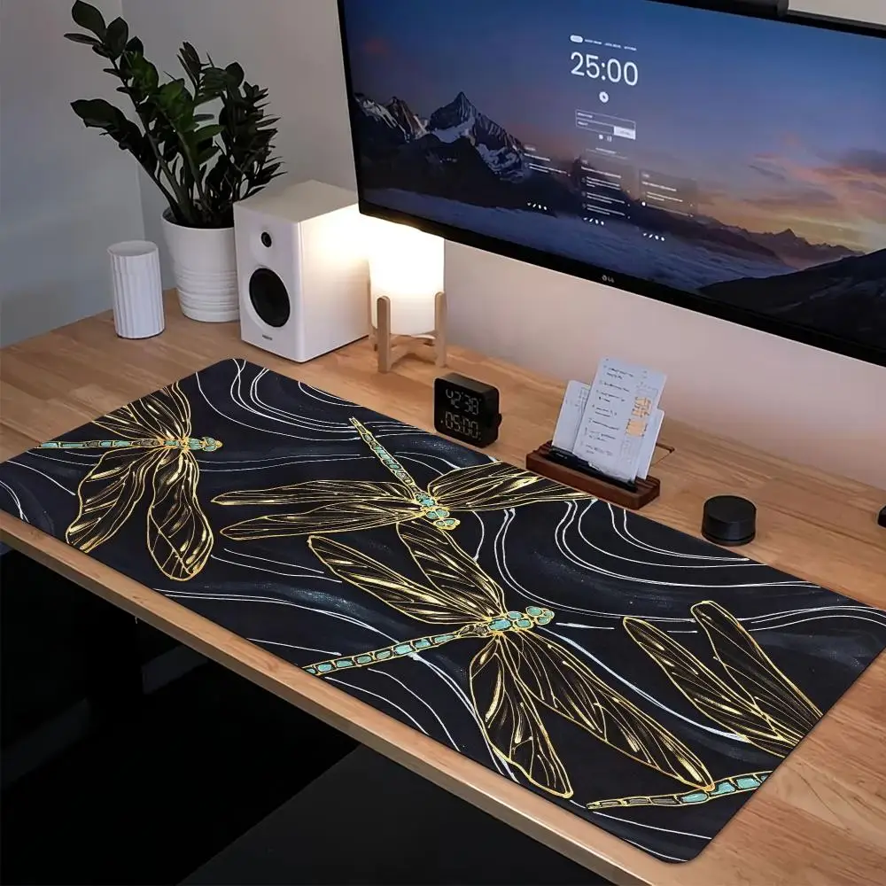 Golden Dragonfly Black Large Gaming Mouse Pad Desk Mat Non Slip Rubber Stitched Edge Smooth for Gamer Home Laptop Office Desk