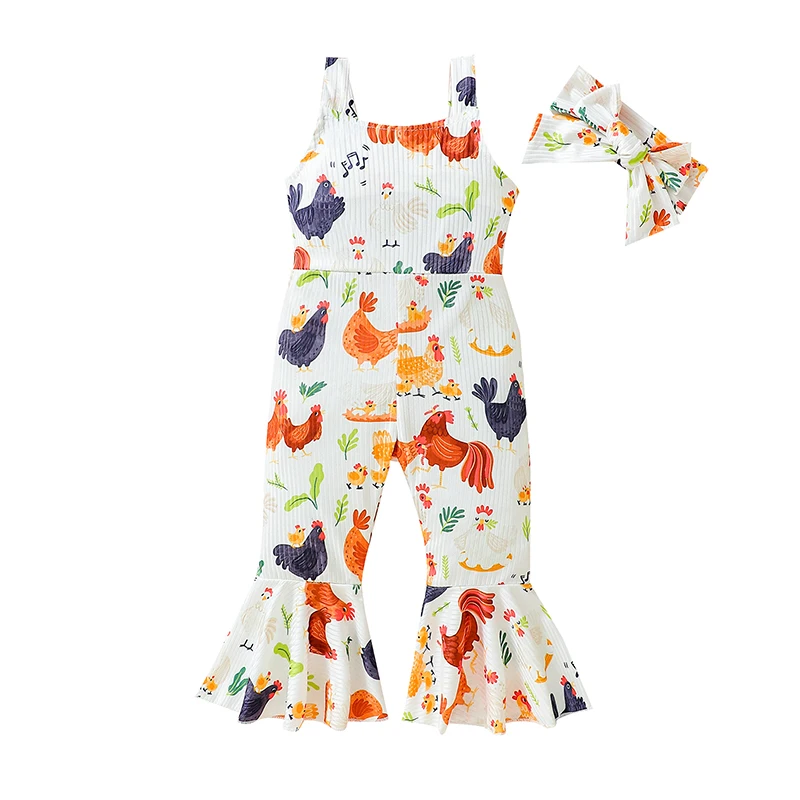 

Toddler Baby Girl Farm Outfit Chickens Romper Bell Bottoms Outfits Overalls Jumpsuit Summer Clothes