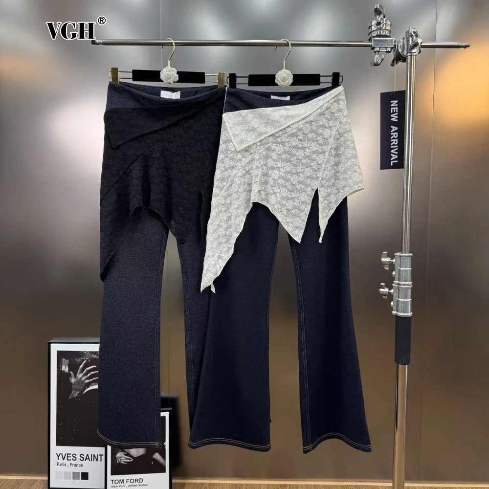 

VGH French Retro Basics Slim Jeans for Women High Waist Spliced Lace Bandage Fashion Design Flrae Pants Female Autumn New Trendy