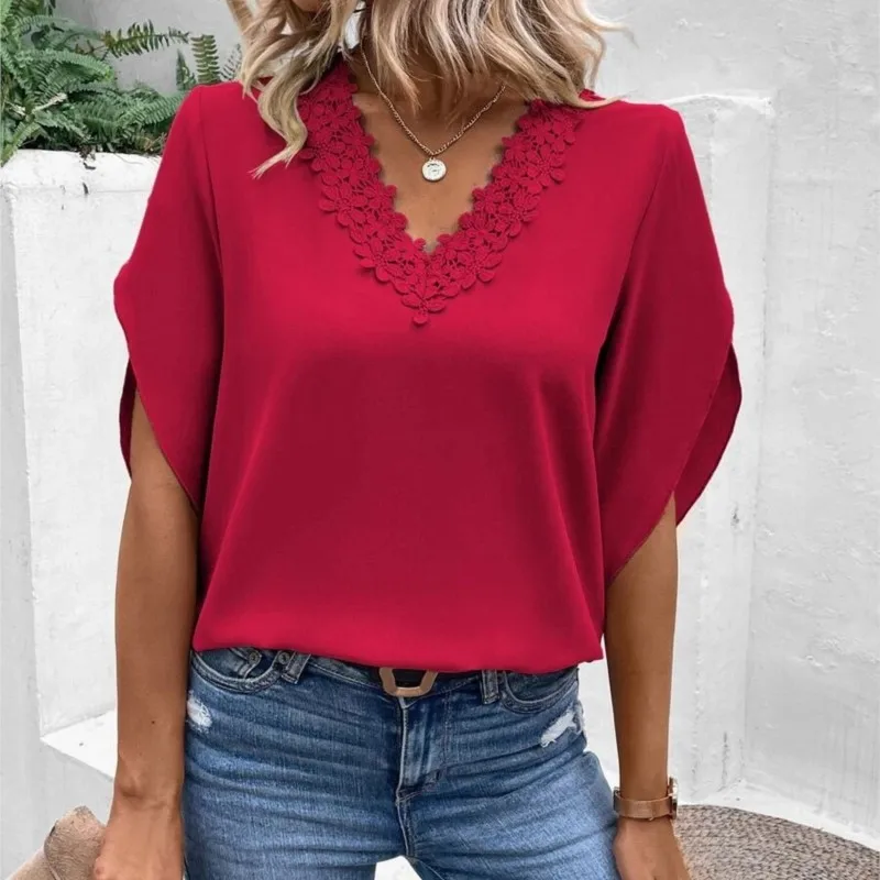 Women\'s Summer Solid Color Flared Sleeve Loose Shirt Top Office Lady Casual Lace Splicing V Neck Half Sleeves Pullover Blouse