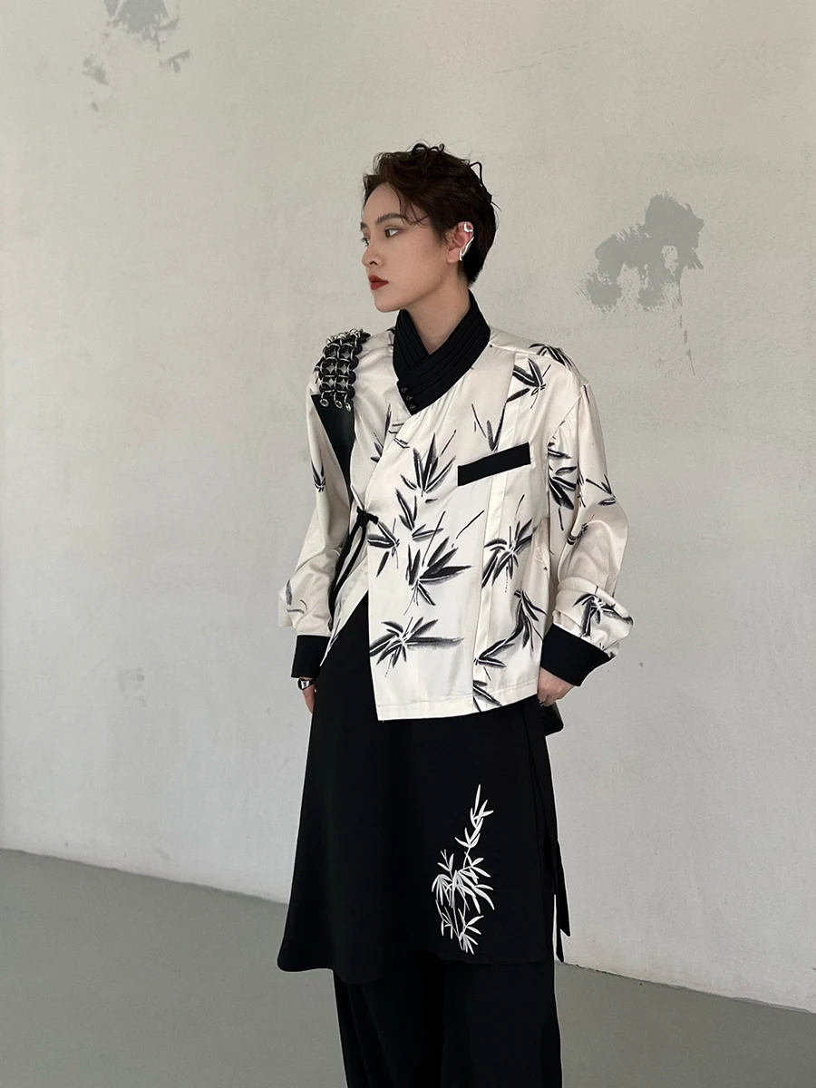 UMI MAO Dark Top Femme New Chinese Cross Collar Bamboo Leaf Print Long Sleeve Shirt Men's Women's Trendy Short Tops Y2K