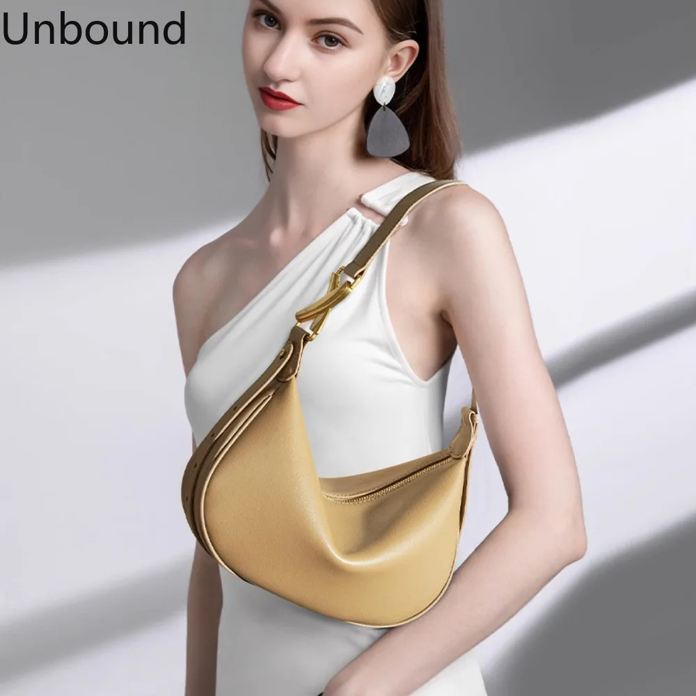 

New Top Layer Cowhide Women Crescent Dumpling Shoulder Underarm Purse Work Commuter Light Luxury Fashion Versatile Elegant Hot