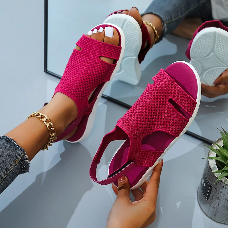 Summer New European and American Women's Sandals Large Size Breathable Elastic Fly Woven Flat Women's Casual Shoes 2023