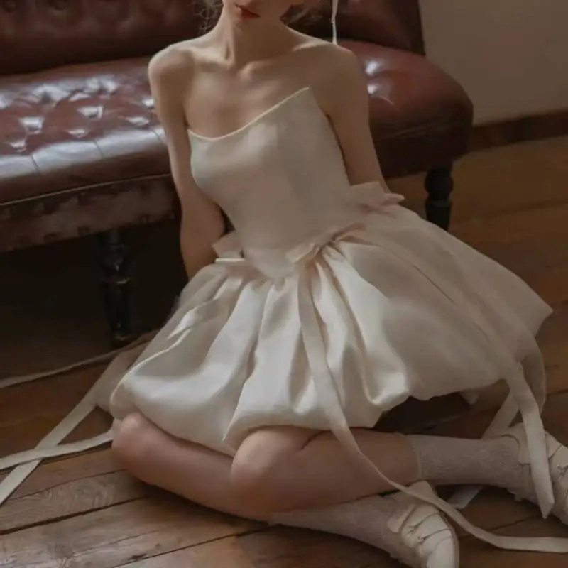 Women Balletcore Strapless Corset Dress Short Puffy Skirt Long Flowing Tulle Train Ribbon Bow Decor White Fairy Mini Party Dress
