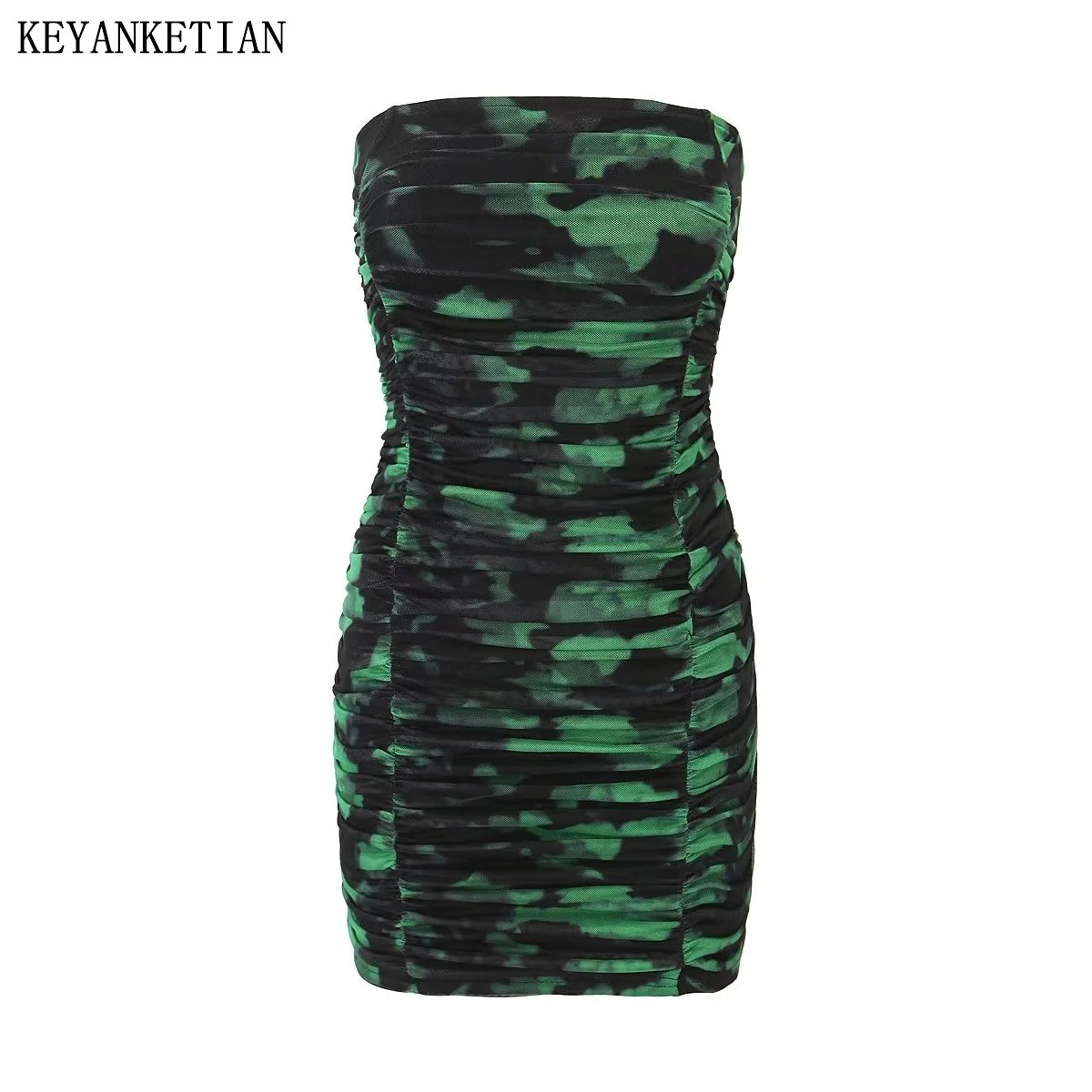 

KEYANKETIAN New Summer Tie-Dye Print Pleated Silk Mesh Zipper Sheath Dress Stylish Sexy Slash Neck Women's Mesh Mini Dress