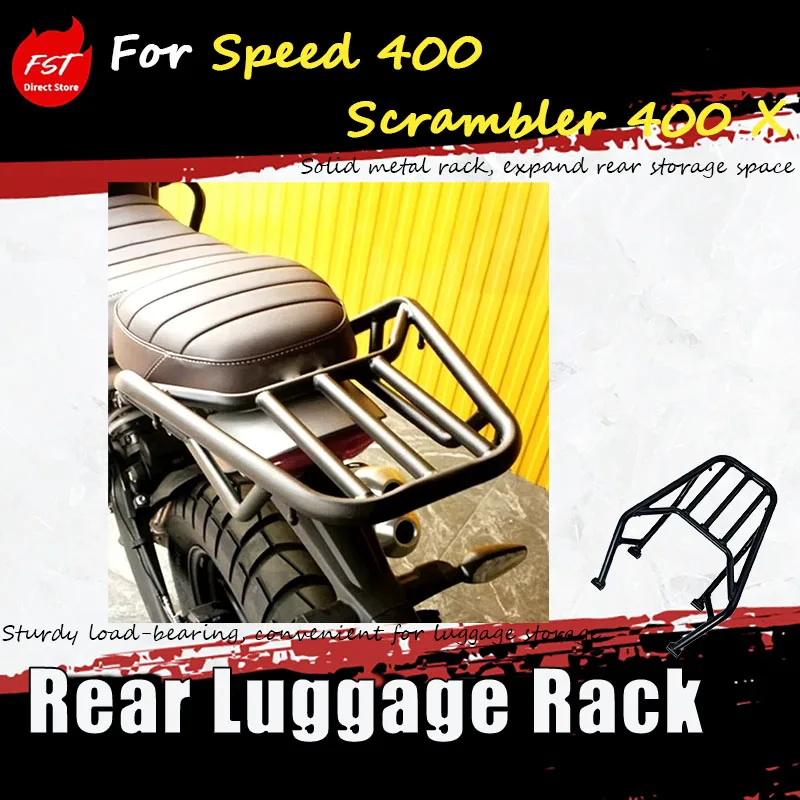 

Специализированные аксессуары для тюнинга Speed 400 и Scrambler 400 X: задний багажник, задняя дверь и рама багажника.