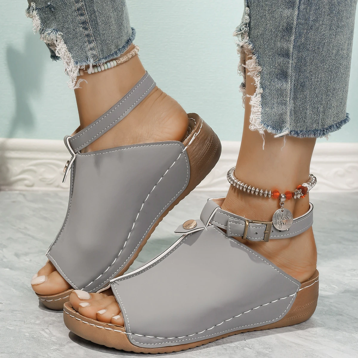 Women Peep Toe Wedge Roman Sandals, Closed Back Ankle Strap Platform Boot Sandals, Vintage Elevated Casual Ladies Sandals