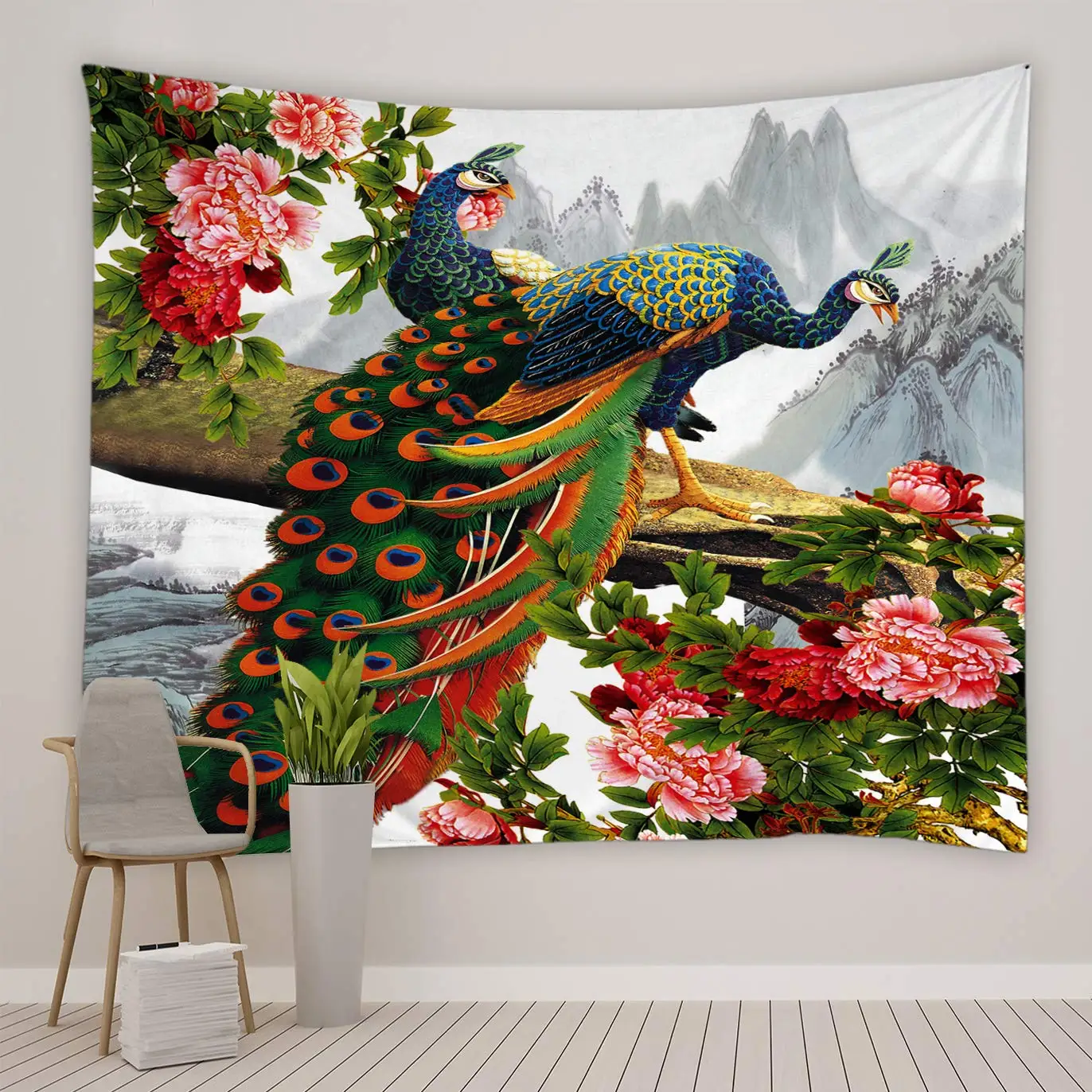 

Green Forest Bird Tapestry Wall Hanging Peacock White Couple Decoration Bedroom Living Room Art