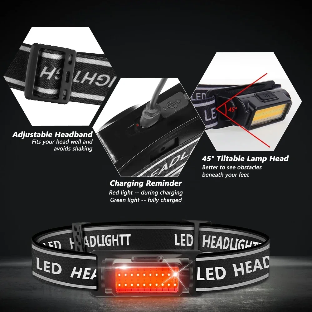 Ultra Powerful COB LED Headlamp USB to Type-C Rechargeable Battery Head Flashlight Torch Lantern Headlight for Fishing Camping