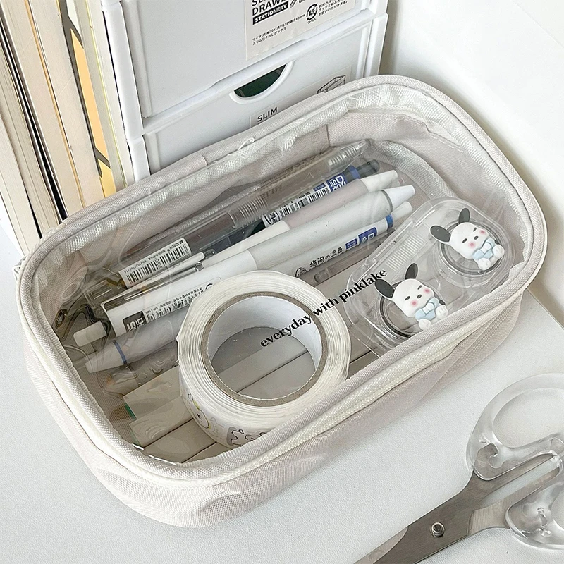 Compact and Transparent Beige Pencil Pouch, Ideal for Student's Stationery and Scrapbook Storage Needs