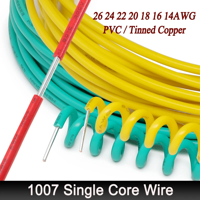 2-100M Single Core 1007 Tinned Copper Cable 26 24 22 20 18 16 14AWG PVC Insulated Tinned Plating Electronic Solid Wire