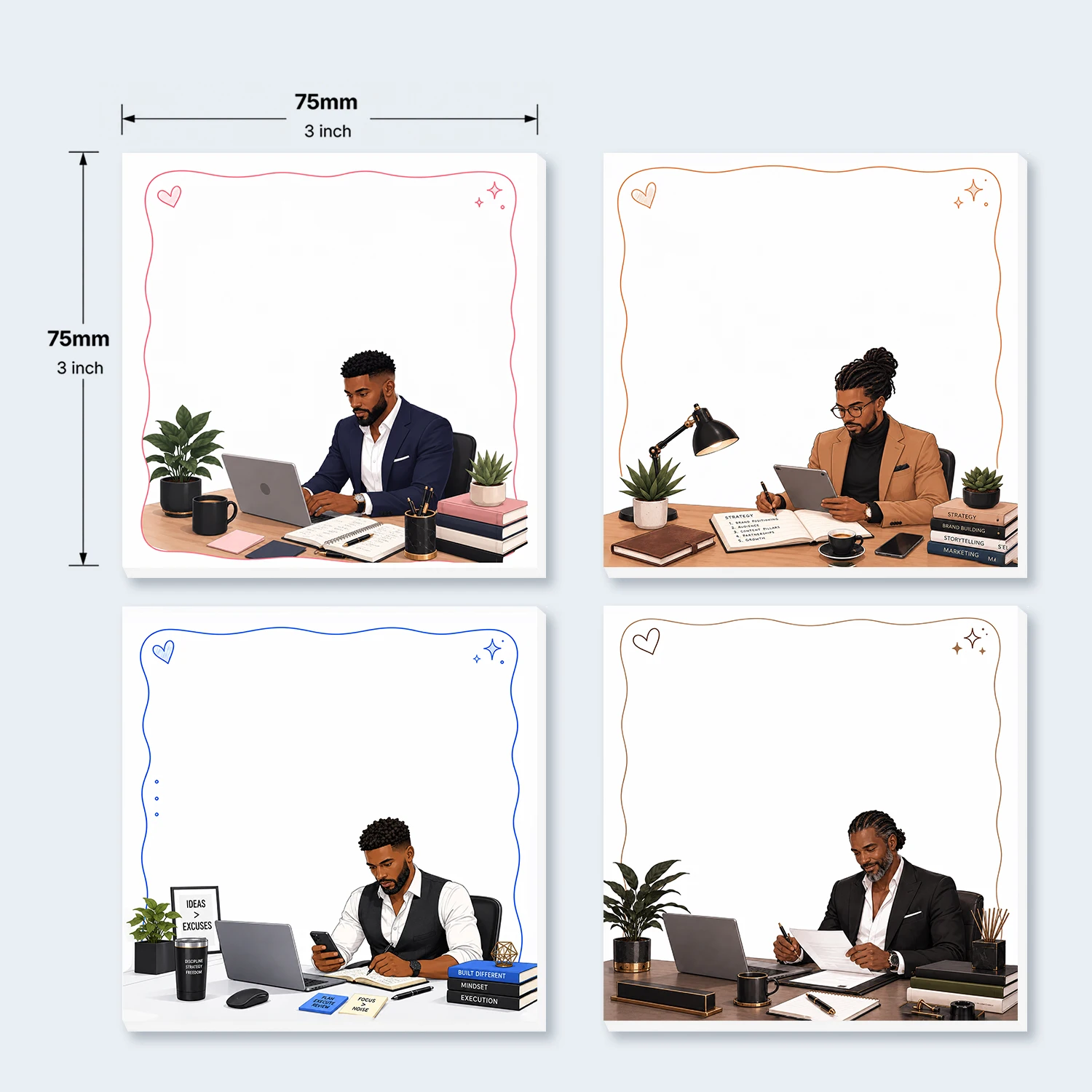 4PCS Business Men Sticky Notes 200 Sheets Office Work Desk Memo Pads Writing Reminder Notes for School Office Stationery