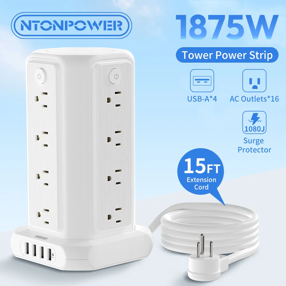 

16AC Outlet US Plug Tower Power Strip with 4USB Ports 1080J Surge Protector & 1875W 4-Sided Vertical Design 10FT Extension Cord
