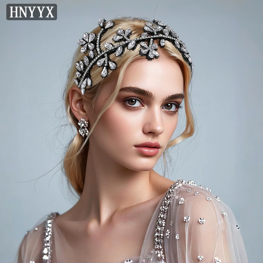 

HNYYX Black Chenille Stem Headband Bright Rhinestone Headdress Vintage Elegant Headpiece Bohemian Style Hair Accessories A374