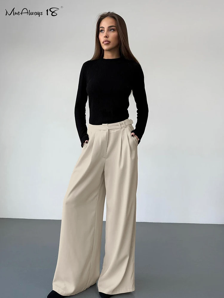 Mnealways18-Pantalon plissé à jambes larges pour femme, élégant, décontracté, taille haute, réglable, bureau, printemps 2025