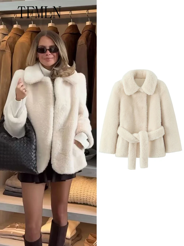 

Модные женские куртки из искусственного меха с поясом, теплое шикарное повседневное пальто с лацканами и длинными рукавами, уличный женский свободный топ 202, осень-зима