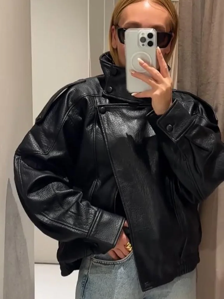 

Женская кожаная куртка с уличным воротником-стойкой, свободная женская куртка на молнии с длинными рукавами и карманами, шикарные женские пальто, осень-зима 2024, женская верхняя одежда
